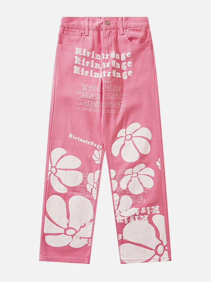 Thesclo - Big Flower Letter Print Jeans - Streetwear Fashion - thesclo.com