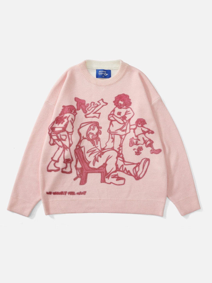 Thesclo - Cartoon Line Character Print Sweater - Streetwear Fashion - thesclo.com