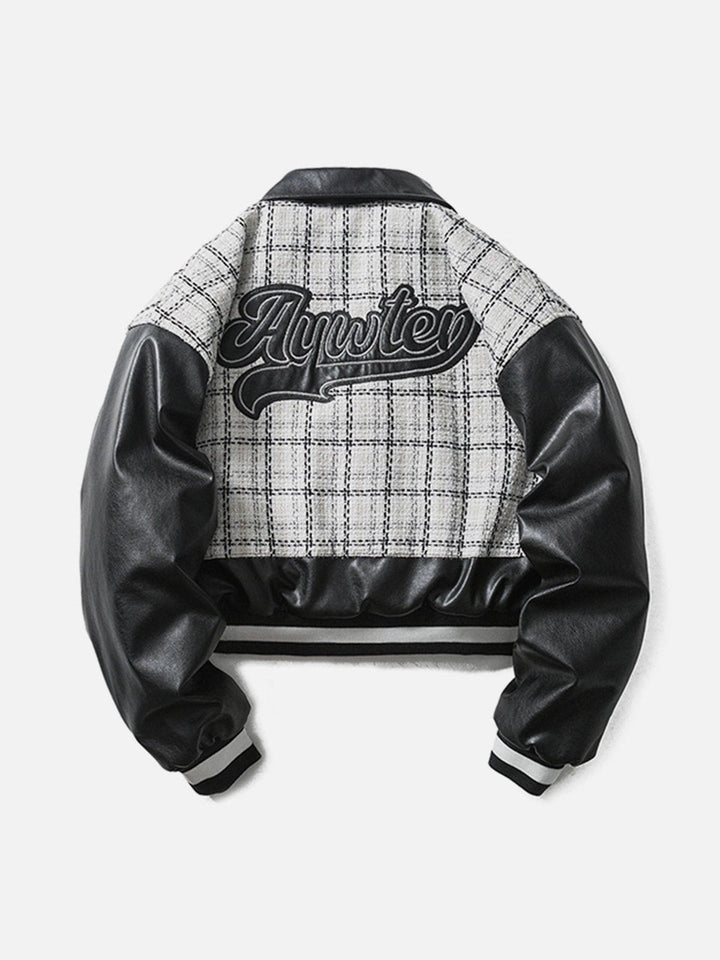 Thesclo - Check Patchwork PU Embroidery Winter Coat - Streetwear Fashion - thesclo.com
