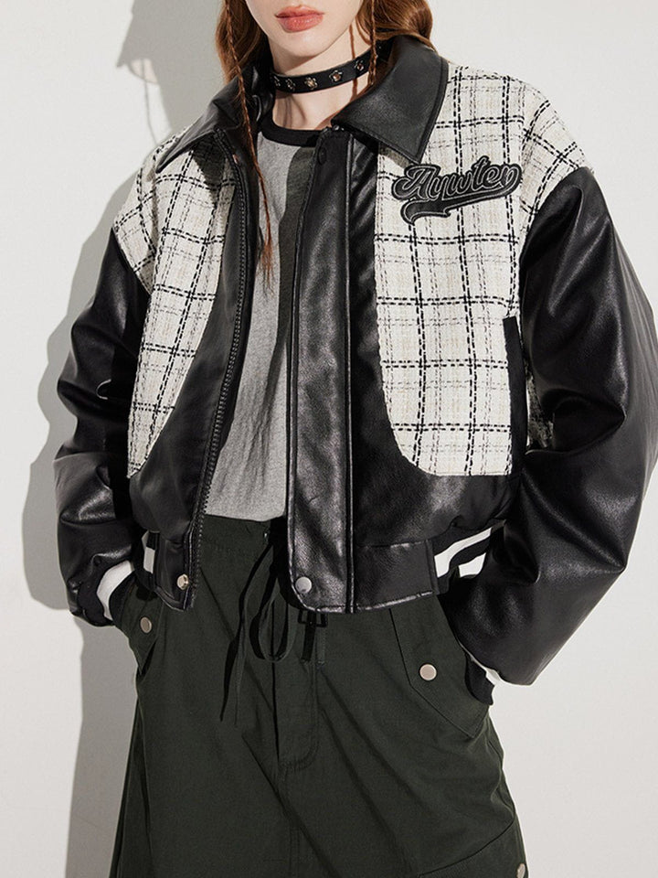 Thesclo - Check Patchwork PU Embroidery Winter Coat - Streetwear Fashion - thesclo.com