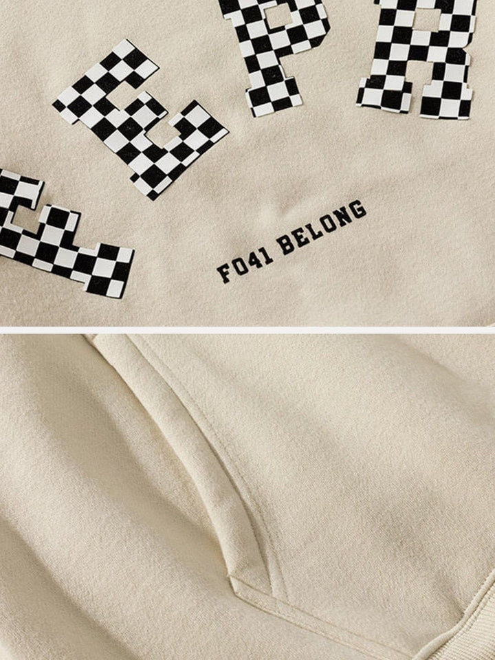 Thesclo - Checkerboard Letter Print Fleece Hoodie - Streetwear Fashion - thesclo.com