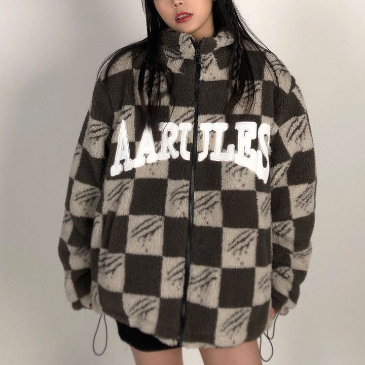 Thesclo - Claw Mark Checkerboard Sherpa Winter Coat - Streetwear Fashion - thesclo.com