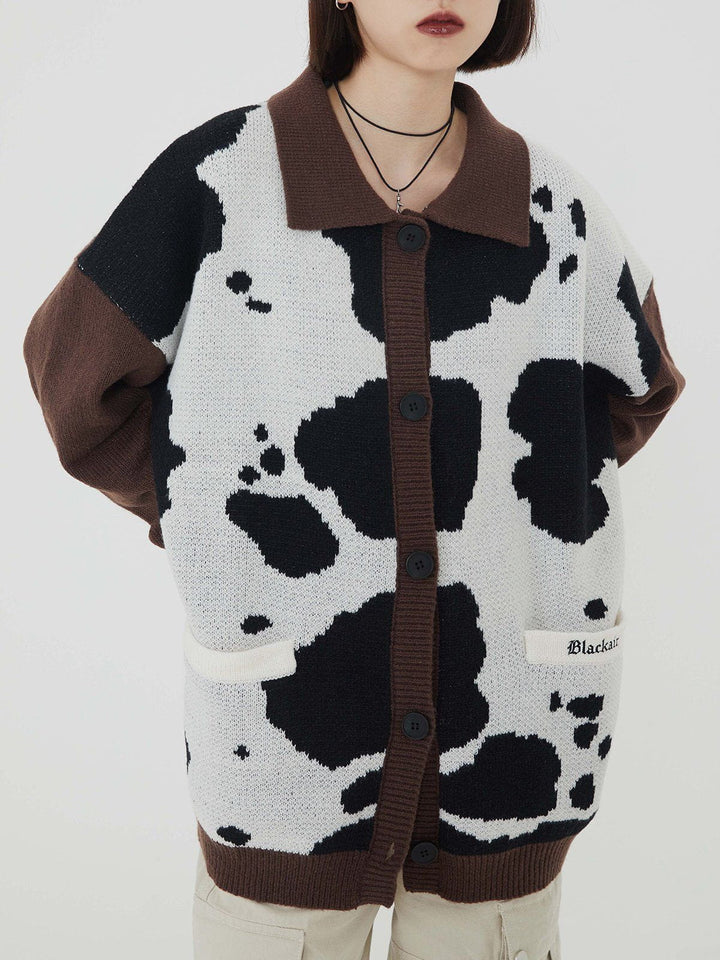 Thesclo - Cow Print Polo Collar Cardigan - Streetwear Fashion - thesclo.com