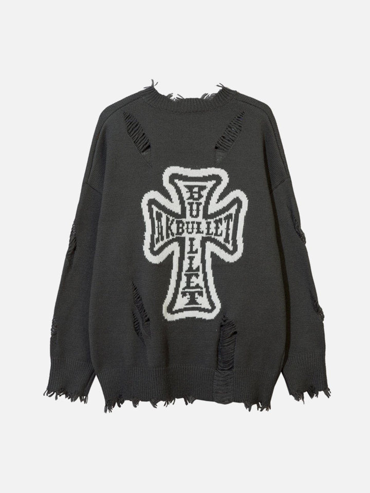 Thesclo - Cross Graphic Raw Edge Sweater - Streetwear Fashion - thesclo.com