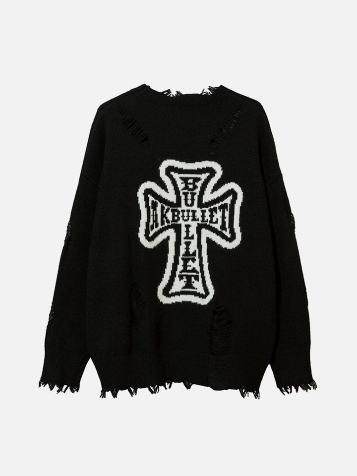 Thesclo - Cross Graphic Raw Edge Sweater - Streetwear Fashion - thesclo.com