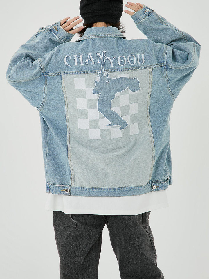 Thesclo - Embroidered Checkerboard Denim Jacket - Streetwear Fashion - thesclo.com