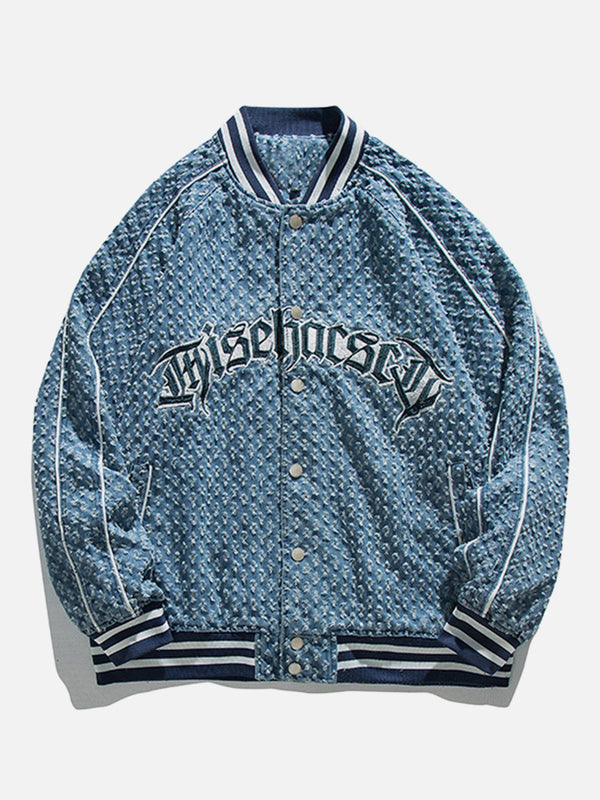 Thesclo - Embroidered Letters Washed Design Denim Jacket - Streetwear Fashion - thesclo.com