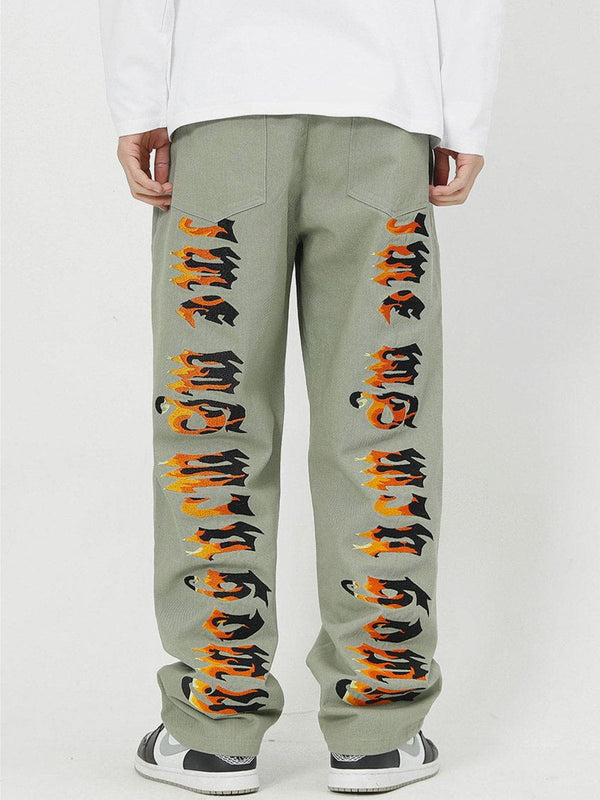 Thesclo - Embroidery Flame Letter Pants - Streetwear Fashion - thesclo.com