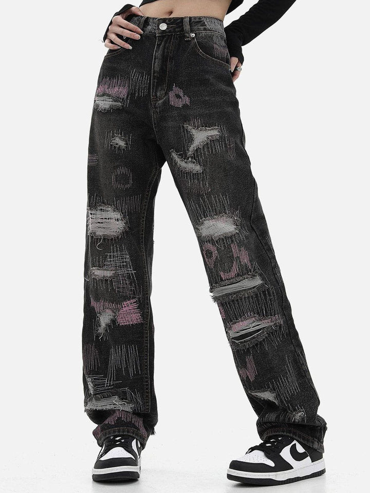 Thesclo - Graffiti Embroidered Ripped Jeans - Streetwear Fashion - thesclo.com