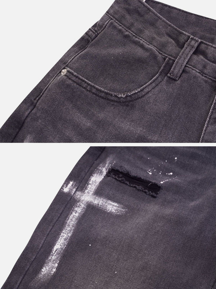 Thesclo - Hand Painted Cross Hole Jeans - Streetwear Fashion - thesclo.com