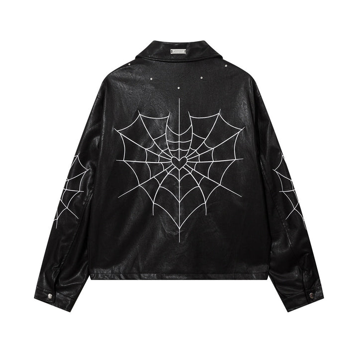 Thesclo - High Street Retro Spider Web Embroidery Leather Jacket - Streetwear Fashion - thesclo.com