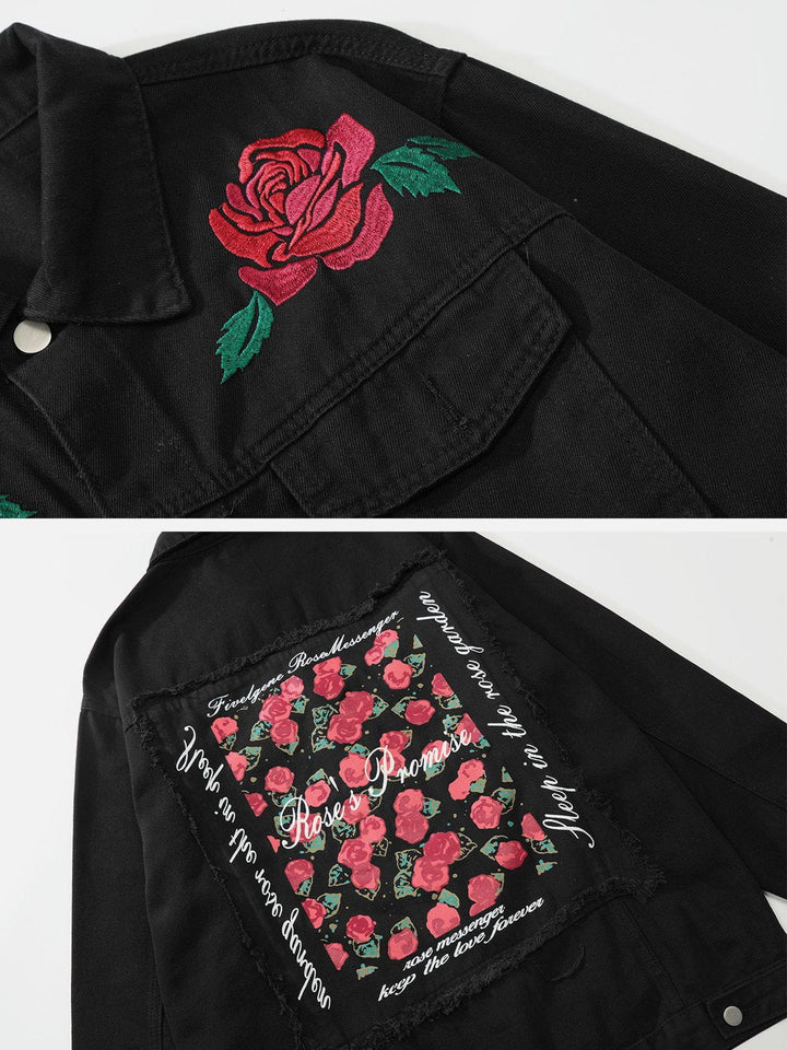 Thesclo - Letter Rose Button Denim Jacket - Streetwear Fashion - thesclo.com