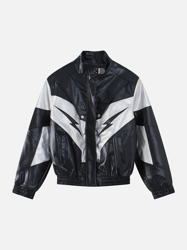 Thesclo - Racing Contrast Panel Lightning Leather Jacket - Streetwear Fashion - thesclo.com