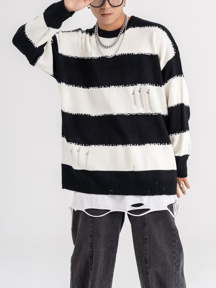 Thesclo - Ripped Stripes Jacquard Knit Sweater - Streetwear Fashion - thesclo.com