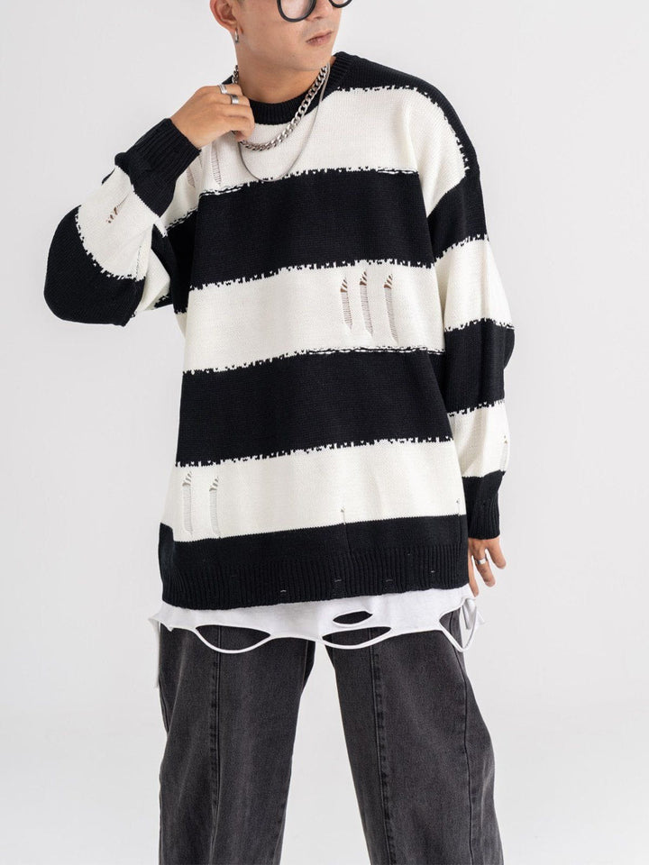 Thesclo - Ripped Stripes Jacquard Knit Sweater - Streetwear Fashion - thesclo.com