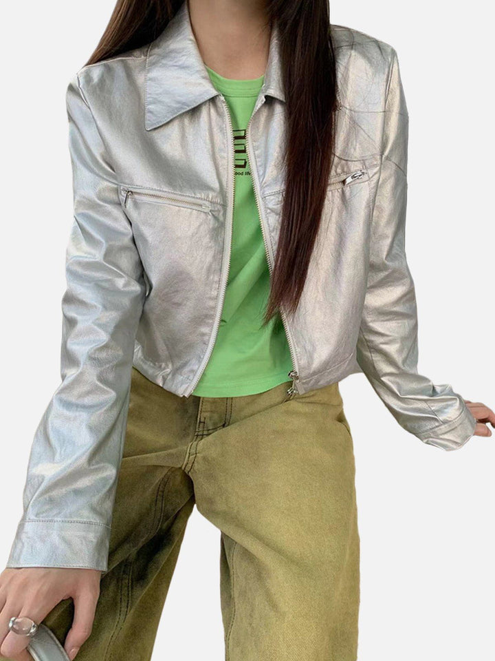 Thesclo - Shiny Silver Cropped Jacket - Streetwear Fashion - thesclo.com