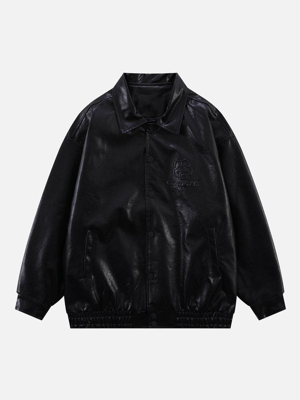 Thesclo - Solid Embossed Print Leather Jacket - Streetwear Fashion - thesclo.com