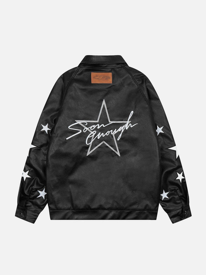 Thesclo - Star Embroidery Leather Jacket - Streetwear Fashion - thesclo.com