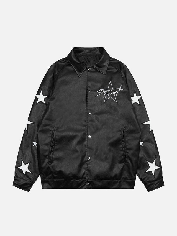 Thesclo - Star Embroidery Leather Jacket - Streetwear Fashion - thesclo.com