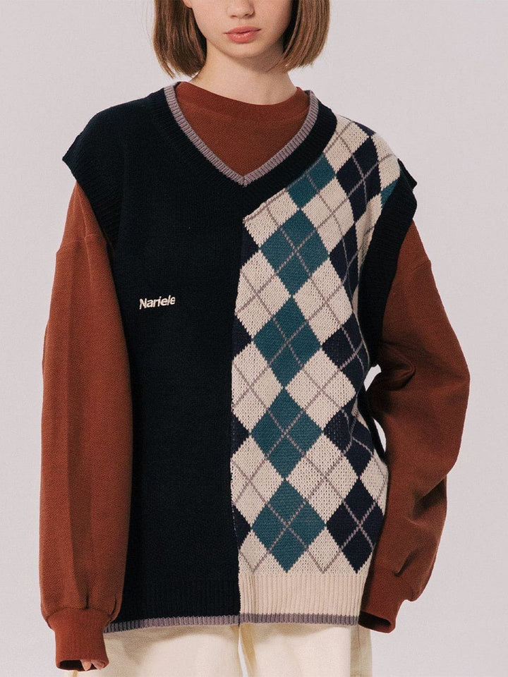 Thesclo - Stitching Diamond Pattern Sweater Vest - Streetwear Fashion - thesclo.com