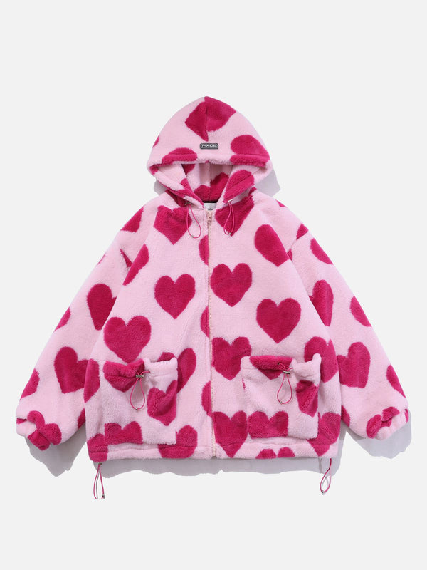 Thesclo - Vintage Heart Pattern Oversize Sherpa Coat - Streetwear Fashion - thesclo.com