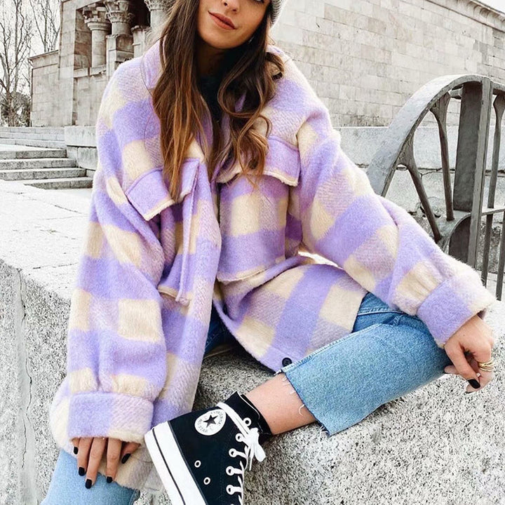 Thesclo - Women Purple Plaid Woolen Jacket - Streetwear Fashion - thesclo.com